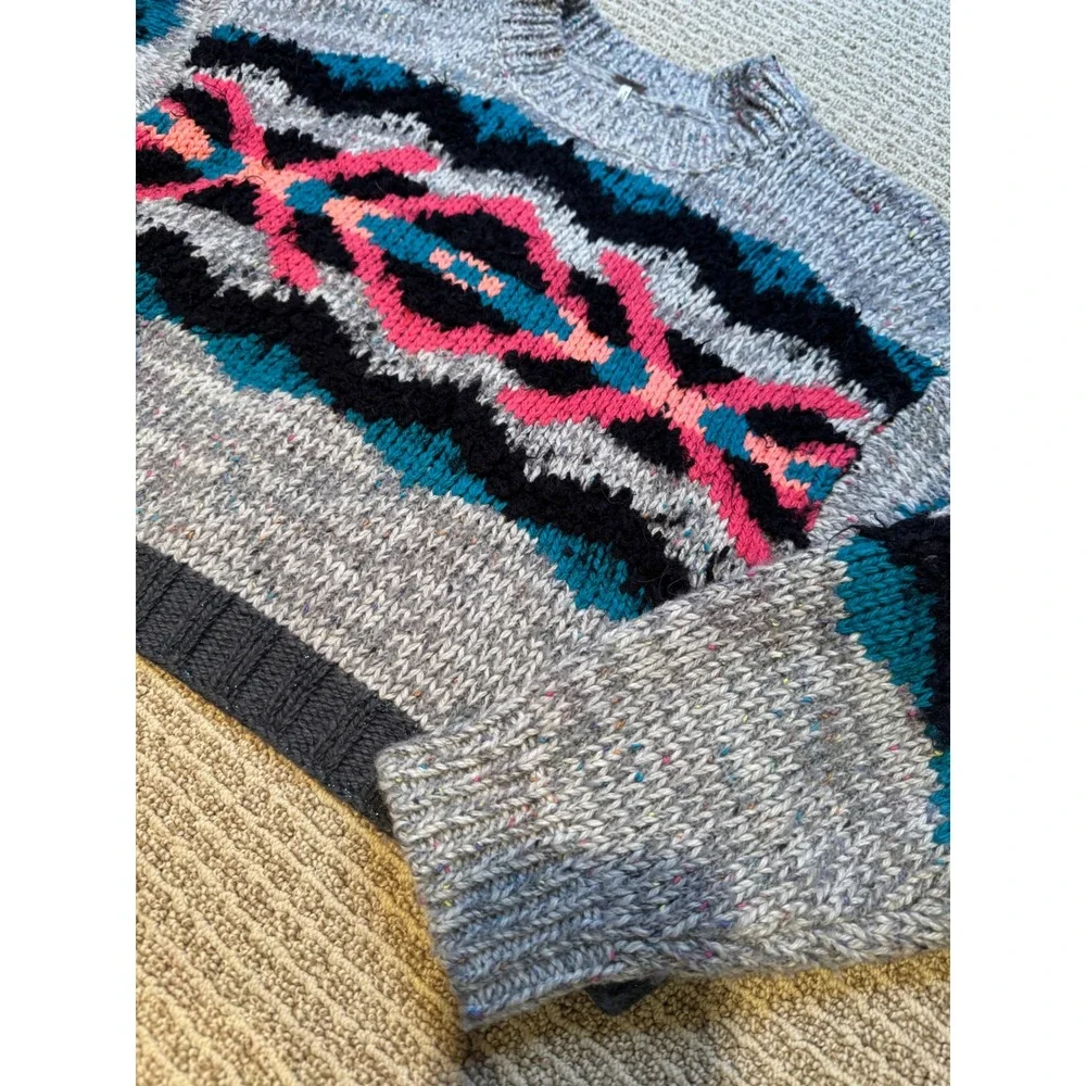 Free People Grey Pink Teal Geometric Intarsia Wool Alpaca Blend‎ Cropped Sweater